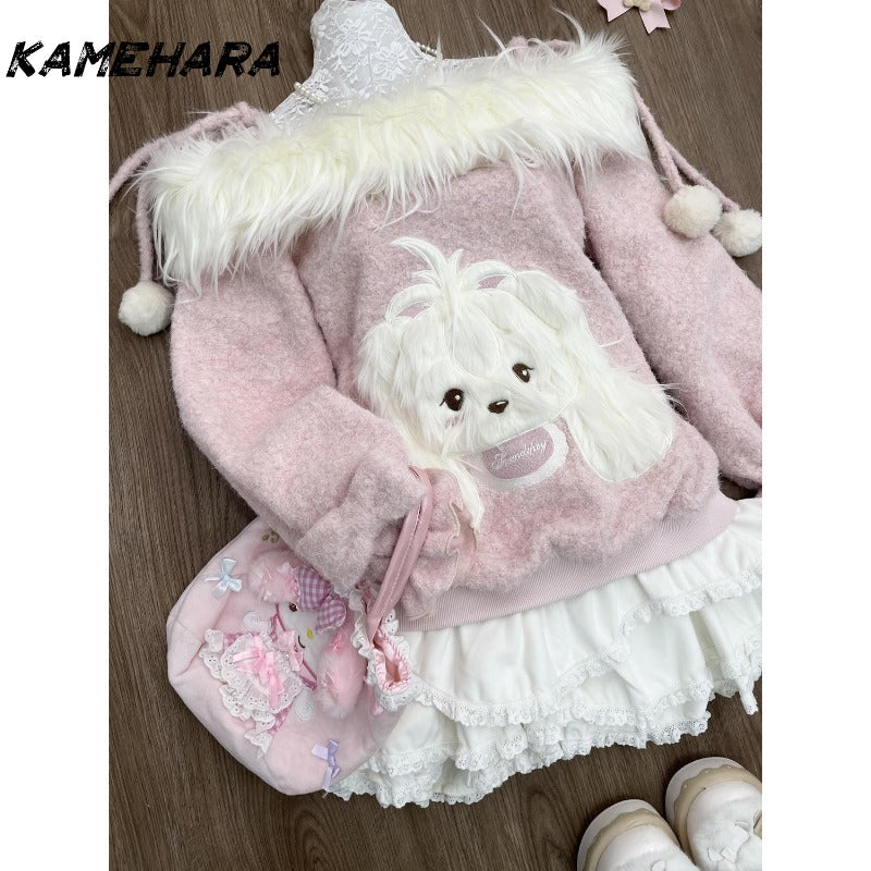 Sonicelife Japanese Sweet Pink One Shoulder Long Sleeve Hoodie Subculture Millennium Folded Cake Skirt Spring Y2K Two Piece Sets