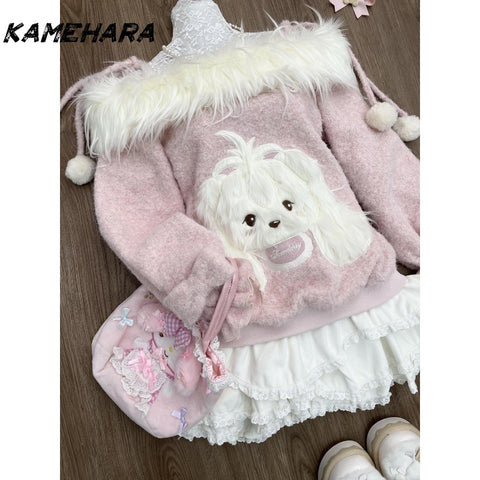 Sonicelife Japanese Sweet Pink One Shoulder Long Sleeve Hoodie Subculture Millennium Folded Cake Skirt Spring Y2K Two Piece Sets
