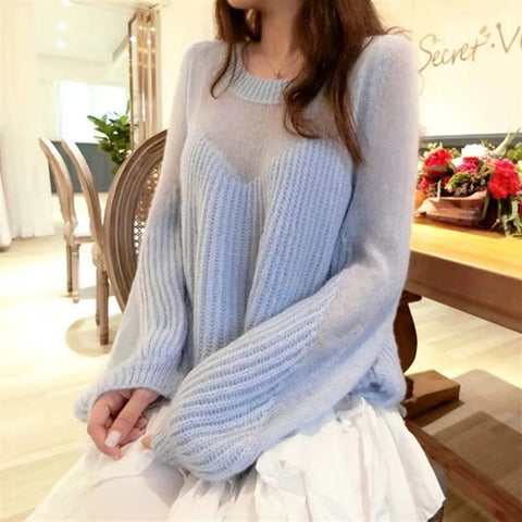 christmas outfit Sonicelife Autumn Winter Sweater Women's O-neck Hollow Out Lantern Sleeves Pullover Women's Korean Pink Blue Top Knitwear Trending Sweaters