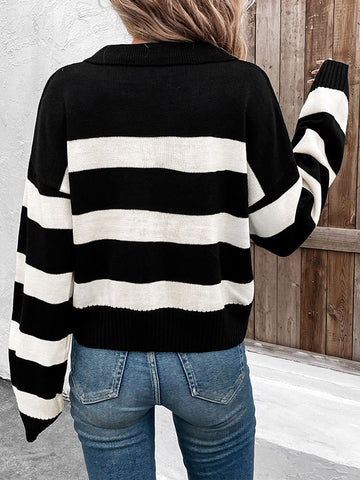 christmas outfit Sonicelife Long Sleeves Loose Contrast Color Split-Joint Striped Lapel Pullovers Sweater Tops