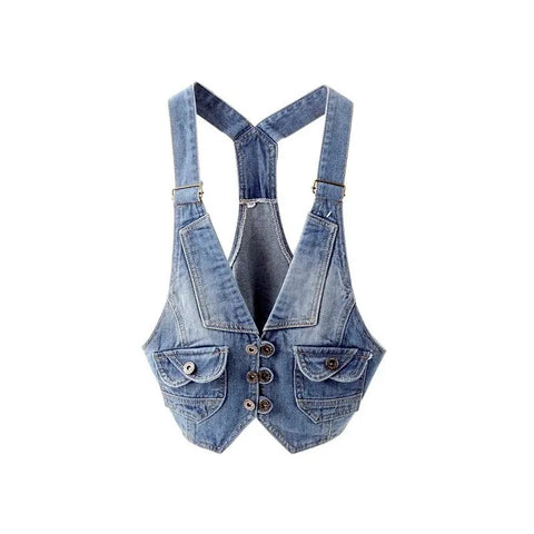 Sonicelife 2025 Summer Vintage Sling Denim Vest Women Waistcoat Casual Cowboy Sleeveless Jacket Korean Slim Short Jeans Vests Coat