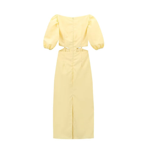 Sonicelife Women's Yellow Dress with Puffed Sleeves Waist Opening Hollow Design Fashion Sexy Commuter Temperament Midi New