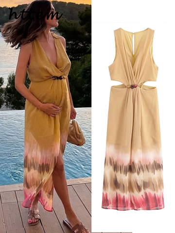 Sonicelife Fashion Tie Dye Print Pleat Midi Dress Women 2024 Summer Hollow Out Split Beading Female Dresses Lady Beach Elegant Beach Robes