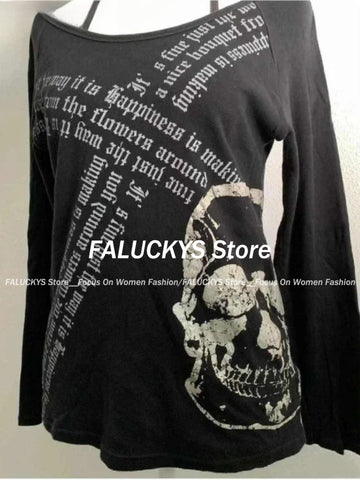 Sonicelife Vintage Gothic Streetwear T-shirt Woman Y2k Tops Harajuku Punk Japanese Tees O-neck Long Sleeve Camisetas Letter Print Tops New