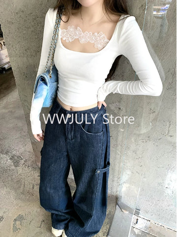 Sonicelife 2000s Harajuku Casual White Lace T Shirts Woman Long Sleeve Slim Y2k Crop Tops Spicy Girls Outwear Korean Fashion Tees Chic