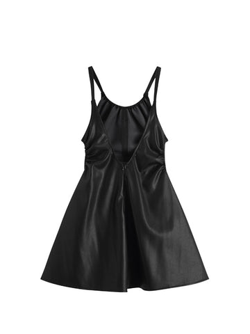 christmas outfit Sonicelife Pu Faux Leather Sexy Black Spaghetti Strap Mini Dresses Women High Waist Hollow Out Design Backless Loose Party Club Midi Frocks