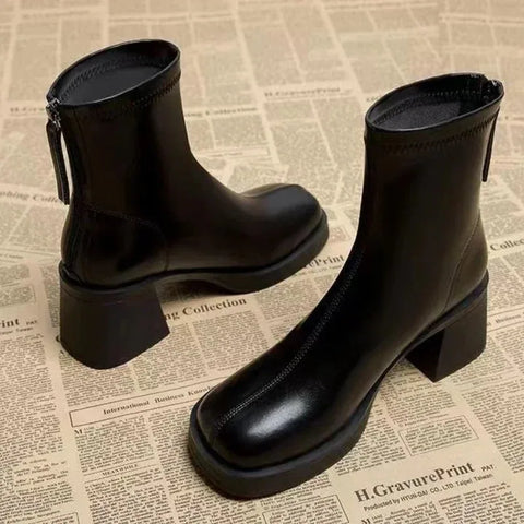 Sonicelife 2025  Fashion Spring and Autumn Women's Chunky Heel Short Boots Pu Material One-foot  Platform Boots Large Size