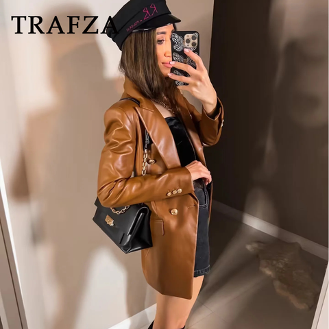 thanksgiving outfit Sonicelife 2024 Autumn Winter Office Lady PU Blazers Fashion Vintage Solid Double Breasted Shrug Casual Chic Elegant Women Blazers