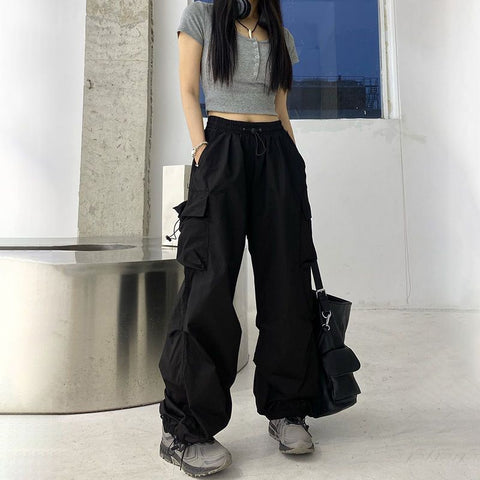 Sonicelife Hip Hop Women Cargo Pants Streetwear All Match Y2K Wide Leg Pants Korean Elastic Waist Sweatpants Female Chic Trousers