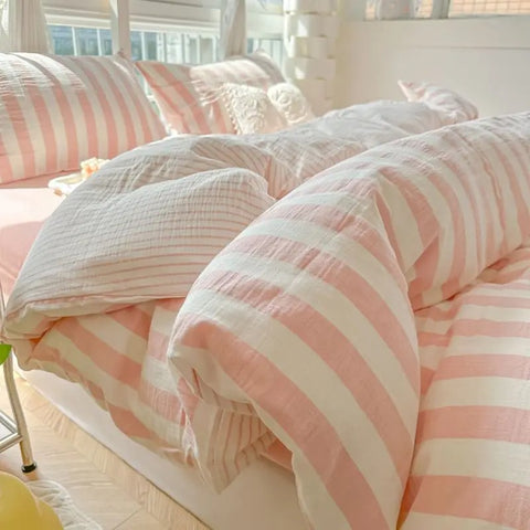 Sonicelife Ins Korean Style Duvet Cover Set Quilt Set Striped Bed Sheet Set For Girls Bedding Set For Bedroom