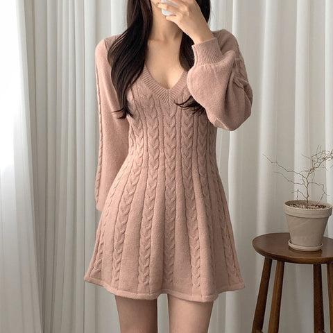 Sonicelife V Neck Elegant Knitted Dress Women Sexy Slim Lantern Sleeve Sweet Mini Dress Korean Fashion Casual Female A Line Dress Fall