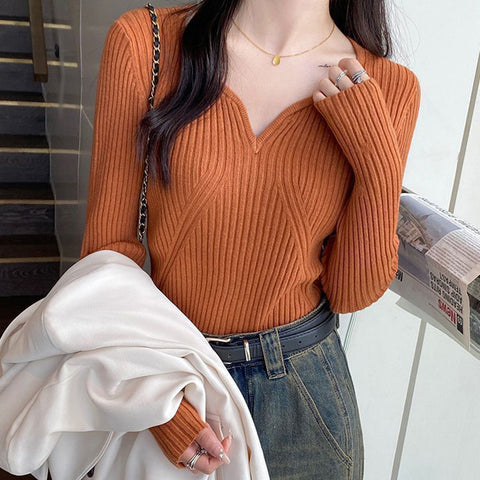 Black Friday Sonicelife Korean Elegant Sweater Women Knitted Apricot Autumn Winter Slim Basic Pullover Long Sleeve V-Neck Solid Female Chic Jumpers