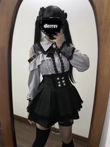 Sonicelife Japanese Black Short Skirt Set Women Sexy Lace Off Shoulder Lolita Shirt Gown Gothic Ruffles Mini Skirts Y2K Aesthetic Suit