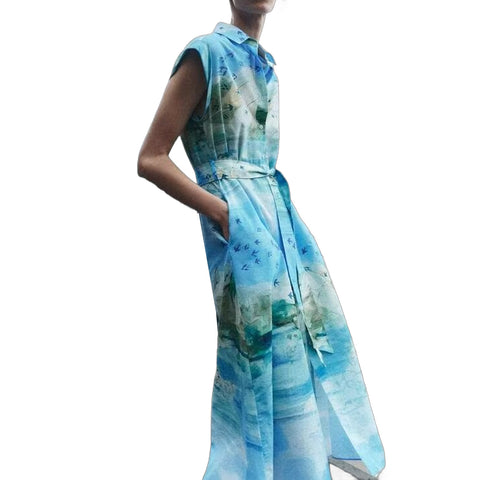 Sonicelife Women's Card Shoulder Printed Dress Shirt Style with Belt Versatile Commuter Style Midi Long Dress New