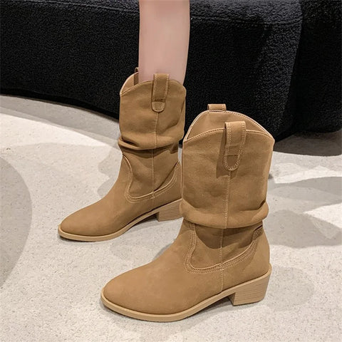 Sonicelife Suede pleated autumn thick heel plus medium heel long leg fashion boots 2025  retro but knee pile boots for women