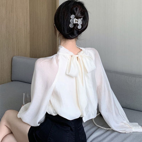 Sonicelife Vintage French Women Shirts Elegant Bow Tie Long Sleeve Blouse Office Ladies New Fashion Chic Solid Female Tops Spring Autumn