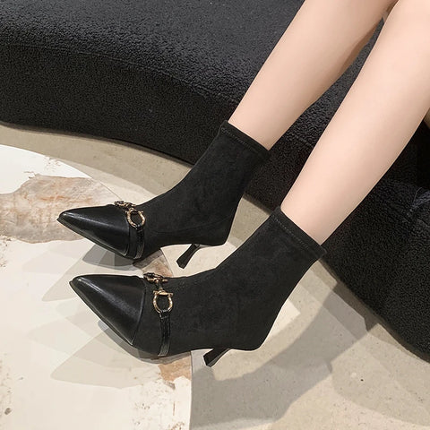 Sonicelife New Winter British Boots Matal Buckle Pointed Toes Cat Heel Design Soft Leather Booties Stiletto Women Sexy Fashion Thin Boot