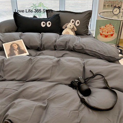 Sonicelife Ins Big Eye Cream Purple Solid Color Bedding Set Girls Boys Double Size Flat Sheet Duvet Cover Pillowcase Bed Linen Home Textile
