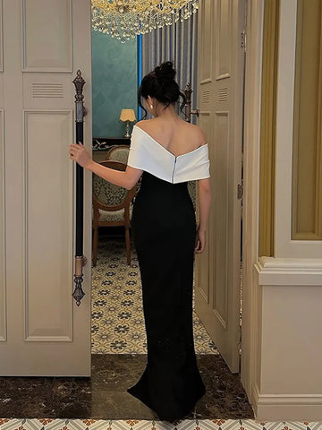 Sonicelife Elegant Pleated Patchwork Off-the-shoulder Maxi Dress Chic Sleeveless Slim Fit Open Fork Gown New Female Party Club Dresses 2025