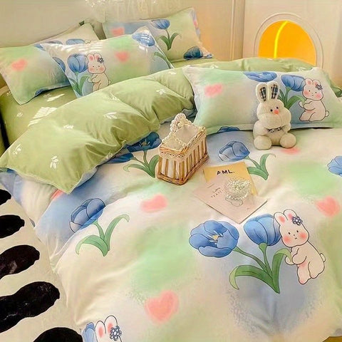 Sonicelife Ins Blue Flower Duvet Cover Set Soft Flat Sheet Quilt Cover Pillowcase Bed Linen Girls Twin Queen Full Size Fashion Bedding Sets