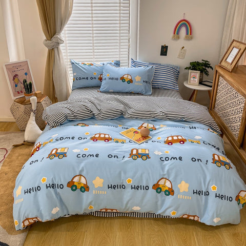 Sonicelife Kawaii Kids Bedding Set Soft Cotton Flat Fitted Sheet Duvet Cover Pillowcases Single Queen Cartoon Boy Girls Dormitory Bed Linen