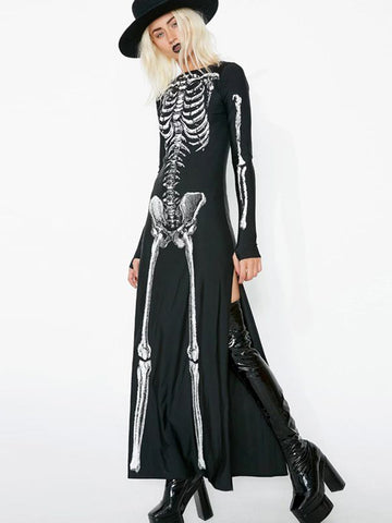 Sonicelife Halloween Dark Gothic Dress Women Streetwear Punk Y2k Skull Printed Long Sleeve O-neck Split Midi Dress Cosplay Clubwear