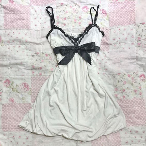 Sonicelife Solid color bow decoration dress fashion lace edge casual Y2K top emotional girl urban beauty chic slim sweet street women dress