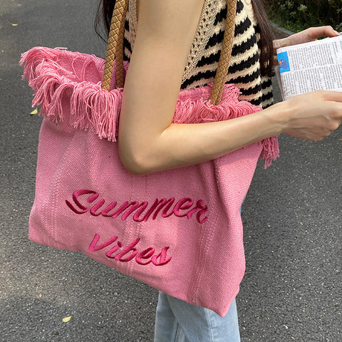 thanksgiving outfit Sonicelife Summer Vibes Letter Print Tote Bag