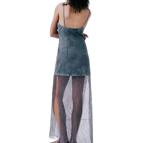 Sonicelife Women's Sleeveless Lace Long Dress with Patchwork, New Suspender, Lace, See-through, See-through, Sensual Lingerie
