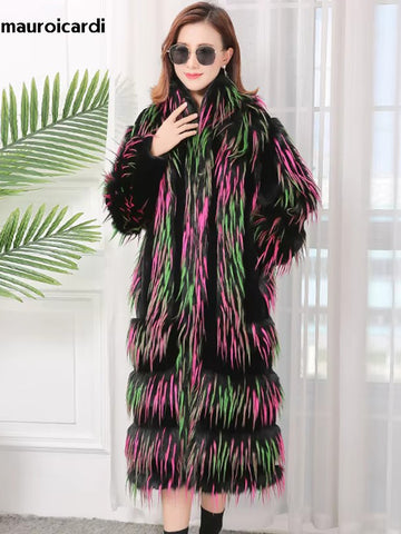 christmas outfit Sonicelife Winter Long Colorful Thick Warm Hairy Shaggy Faux Fur Coat Women Stand Collar Elegant Luxury Designer Clothes 2025