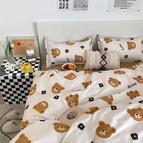 Sonicelife Korean Style Bedding Set Boys Girls Twin Queen Size Duvet Cover Flat Sheet Pillowcase Bed Linens Kids Adult Fashion Home Textile