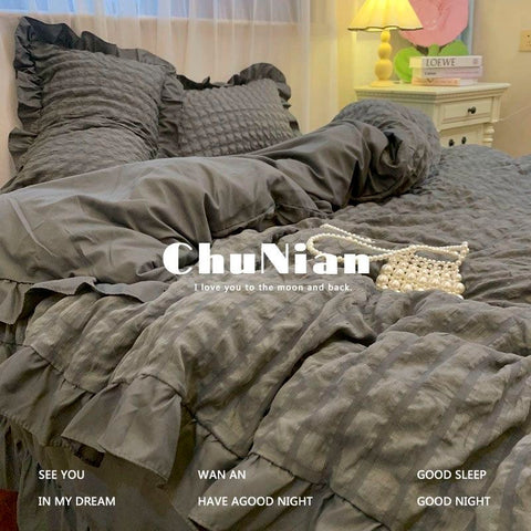 Sonicelife INS Girl Blue Bedding Sets Solid Color Seersucker Ruffles Lace  Kawaii Soft Sheet Woman Duvet Cover Pillow Covers Quilt Cover