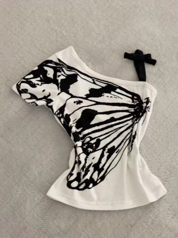 Sonicelife 2025 Summer Sexy One Shoulder Design Y2k Vintage T-Shirts Women Streetwear 2000s Casual Print Tees Korean Fashion Punk Crop Tops