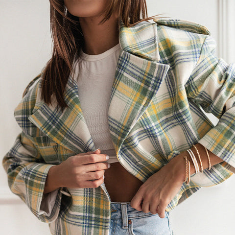 Sonicelife Vintage Plaid Short Coats Women Loose Lapel Single Breasted Long Sleeve Female Jackets 2024 Autumn Lady Fashion Commute Outwear