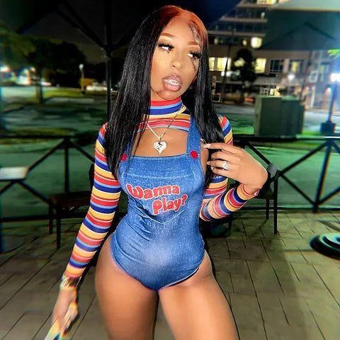 Sonicelife Women Wanna Play Letter Print Overalls Imitation Denim Jumpsuits Romper Striped Long Sleeve Crop Shirt Halloween Cosplay Outfits