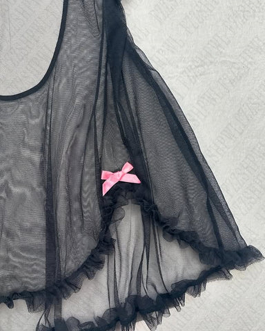 Sonicelife summer new fashion black transparent pajamas sexy home lace halter lace skirt Pink little bow dress Pajamas loose underwear Y2K