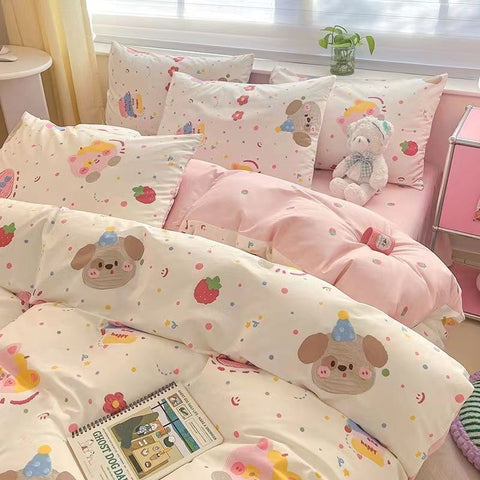 Sonicelife Cute Dog Bedding Set New Design Girls Ins Duvet Cover with Zipper No Filler Flat Sheet Pillowcase Queen Size Bed Linens