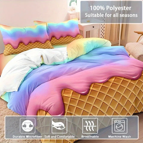 Sonicelife 3pcs Vibrant Rainbow Ice Cream Wafer Cone Duvet Cover Set - Soft, Breathable, and Comfortable Bedding for Bedroom, Dormitory