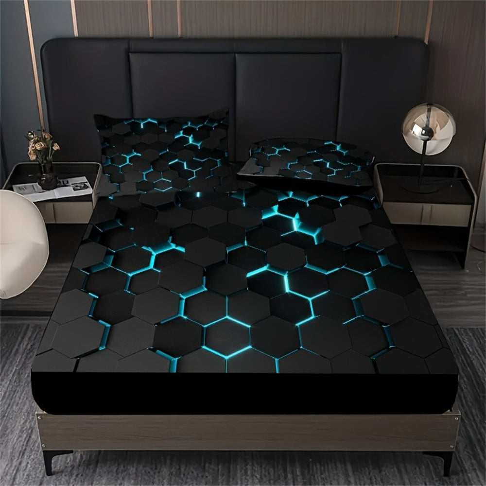 Sonicelife Blue 3D Hexagonal Honeycomb Geometry Print Fitted Sheet Set Column Mosaic Art Neon Mattress Covers Bedding Set With Deep Pocket