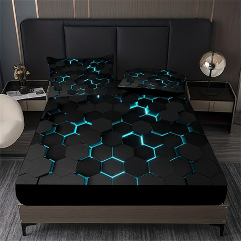 Sonicelife Blue 3D Hexagonal Honeycomb Geometry Print Fitted Sheet Set Column Mosaic Art Neon Mattress Covers Bedding Set With Deep Pocket