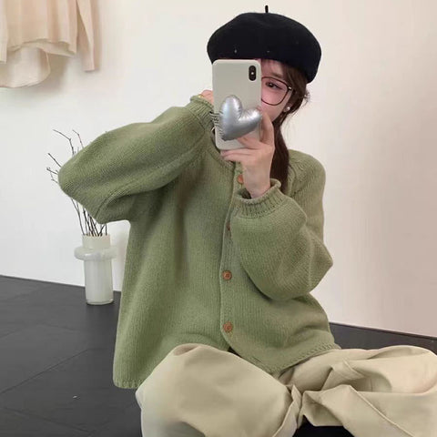 Sonicelife Women Vintage Sweet Cardigan Sweaters Japan Loose O Neck Single Breasted Knitted Coat Fall Casual Retro Female Solid Tops