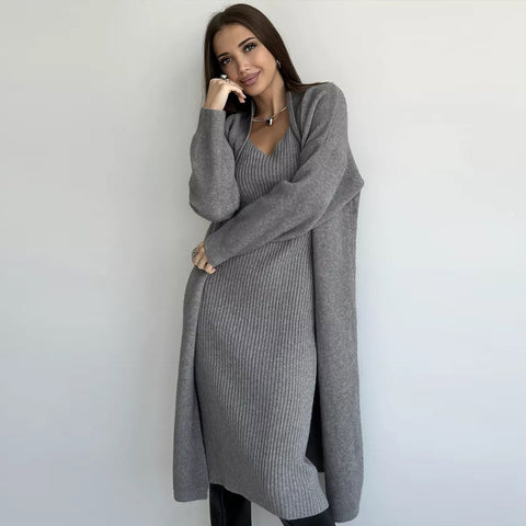 Black Friday Sonicelife Casual Knitted Sling Dresses Cardigan Set Women Loose Solid V-neck Knitwear Long Open Sweater Woman's Sets Autumn Chic Oufits