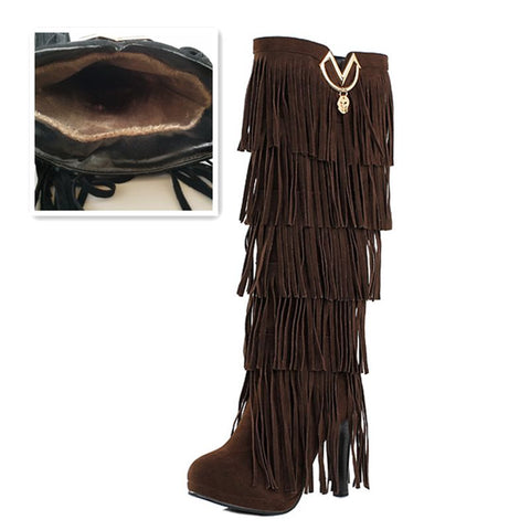 thanksgiving outfit Sonicelife size 32-43 Flock Fur Women boots High heels Knee boots Fringe Tassels Fashion Black Red ZL4150