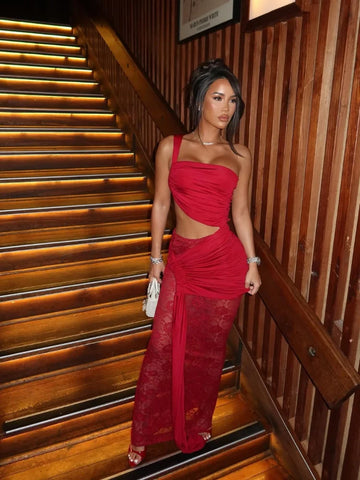 Sonicelife Sexy Red Lace Patchwork Pleated Maxi Dress Fashion Sleeveless Off-the-shoulder Slim Fit Gown New Female Dinner Party Vestidos