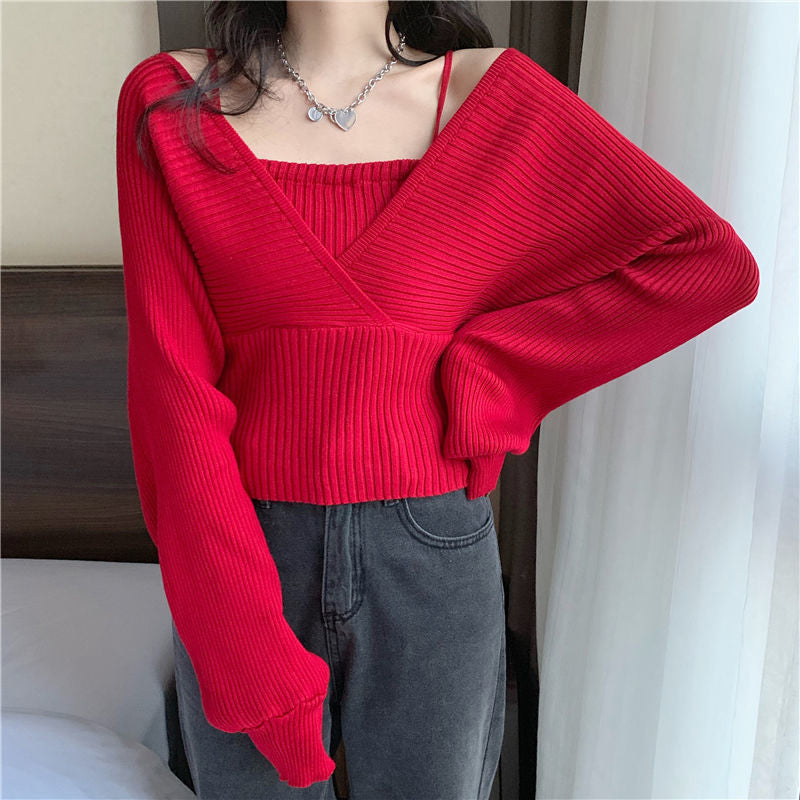 Black Friday Sonicelife Autumn Fake Two-Piece Sweater Women Knitted Solid Slim Long-Sleeved Pullover Fashion Casual Sweet Pretty Style Female Tops