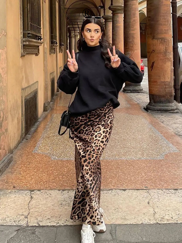 Sonicelife 2024 Summer Woman Leopard Print Skirt Vintage High Waist Loose Midi Skirts Chic Elegant Casual Streetwear Women's Skirt