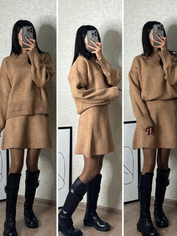 Sonicelife Elegant Knitted Sweater Skirt Sets Women O-neck Long Sleeve Loose Sweaters Mini Skirts Suits 2 Pieces 2025 Spring Lady Outfits