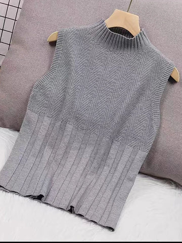 Sonicelife Women Casual Knitted Sleeveless Tank Tops Solid Half High Collar Slim Base Shirt Sexy Top Knitwear Y2k High Street Summer