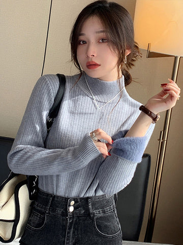 Black Friday Sonicelife Korean Solid Plush Turtleneck Sweaters Women Casual Slim Fit Thick Pullover Sweater Female Winter Fashion Warm Simple Tops