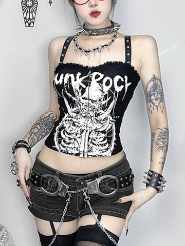 Sonicelife Y2k Cyber Punk Camisole Women Dark Gothic Streetwear Harajuku Grunge Printed Rivets Lace Patchwork Zip-up Crop Ank Tops